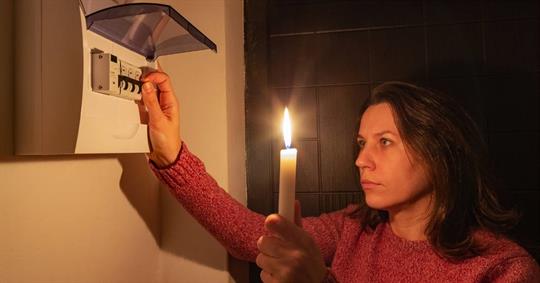 Woman checking electrical panel during a power outage at home.